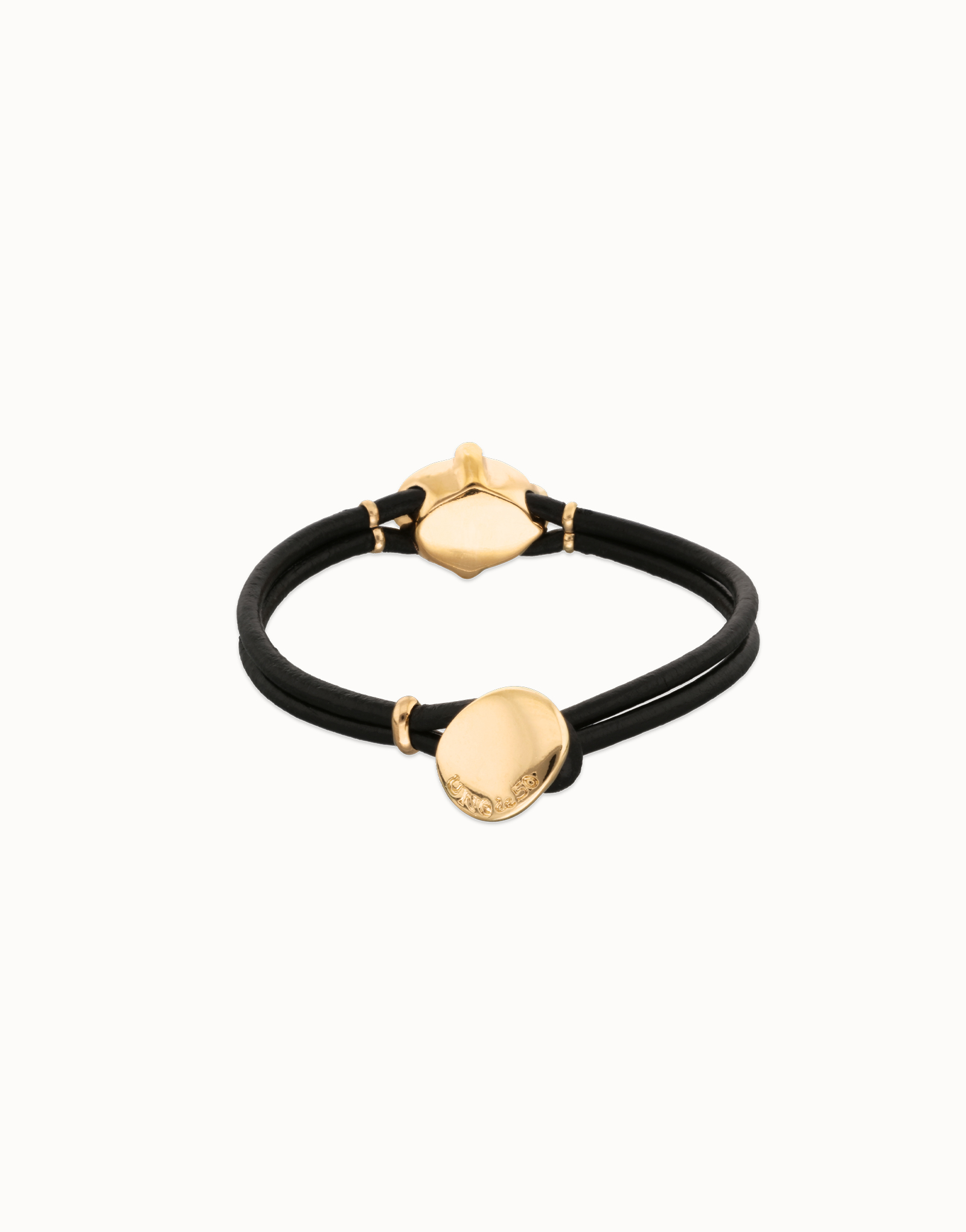 Pulsera de cuero y baño en 18k con cristal facetado ovalado negro, Dorado, large thumbnail